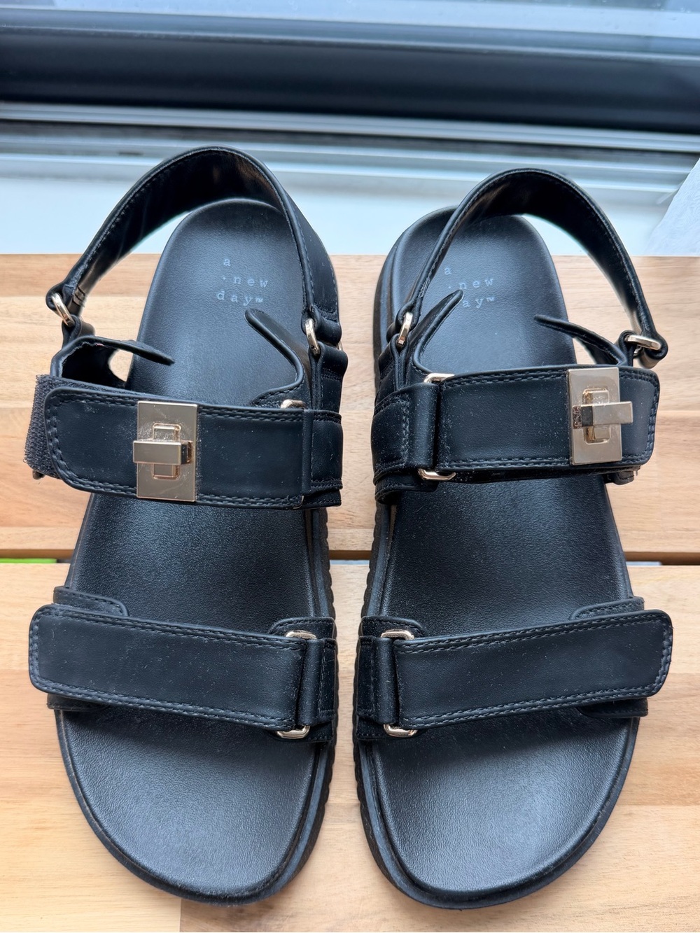 a new day Black Women’s Leather-Look Sandals with Gold Buckles